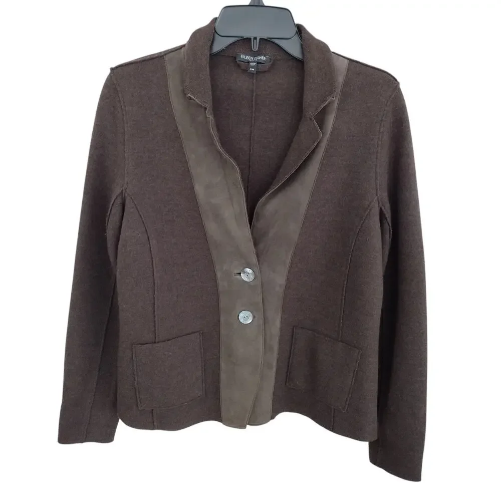 Eileen Fisher Brown Merino Wool w/Lamb Leather Suede Trim Jacket Medium Petite